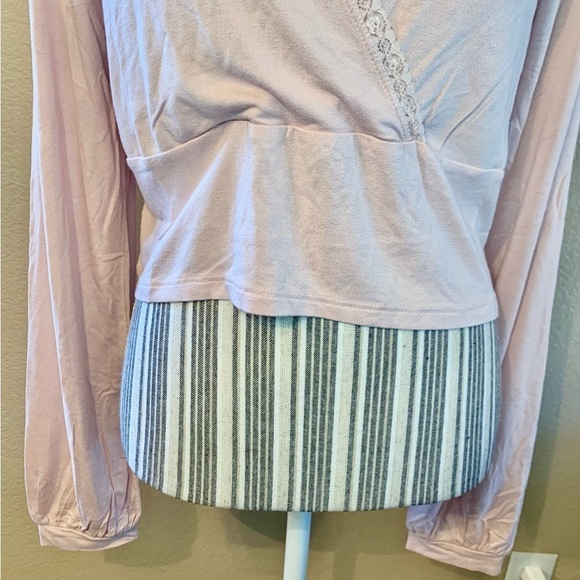 NWT Crop Top XL BP Wrap Front Lace Trim Pink Smoke Boho Long Balloon Sleeves - Picture 4 of 13